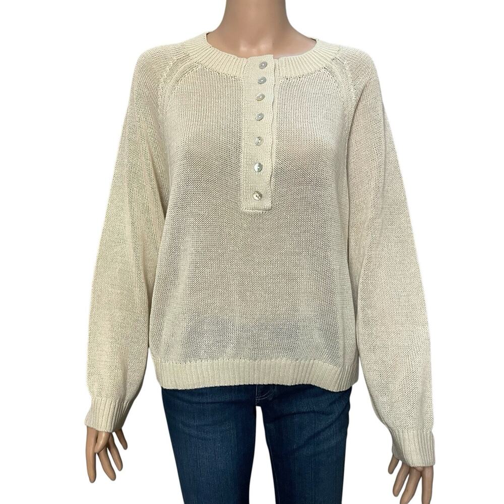 Zara Button Open Knit Henley Sweater Large Relaxed Fit Beige Coastal Preppy